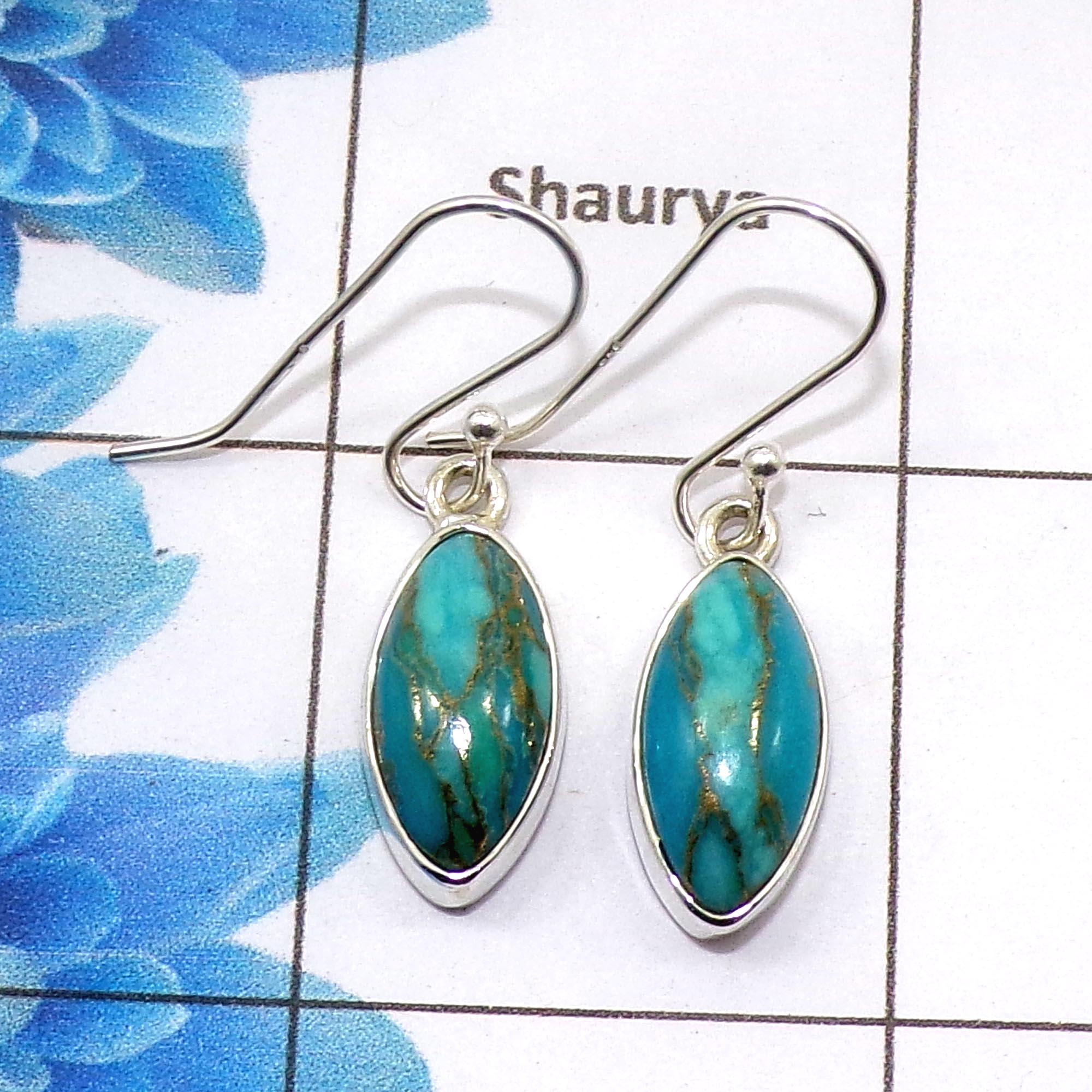 Blue Copper Turquoise Cab Earring H - SPE753-Latest Collection Marquise Shape Solid 925 Sterling Silver Factory Handmade Earring